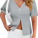 Saodimallsu Womens Short Sleeve Sweater V Neck Peplum Knit Loose Fit Front Slit Dressy Work Tops, Size: XL