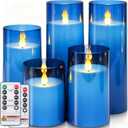 Homemory Blue Flickering Flameless Candles, Battery Operated Acrylic LED Pillar Candles with Remote Control and Timer, Blue Decor, Set of 5