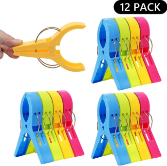 12 Pack Beach Towel Clips for Beach Chairs, Large Towel Clips for Beach Chairs Pool Chairs on Cruise, Windproof Plastic Clothes Pins Heavy Duty Outdoor 6 Colors