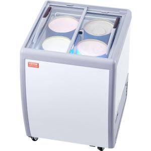 VEVOR Commercial Ice Cream Display Case, 5.6 Cu.ft Chest Freezer, Mobile Glass Top Deep Freezer, Restaurant Gelato Dipping Cabinet, 2 Sliding Glass Doors, Locking Casters, White