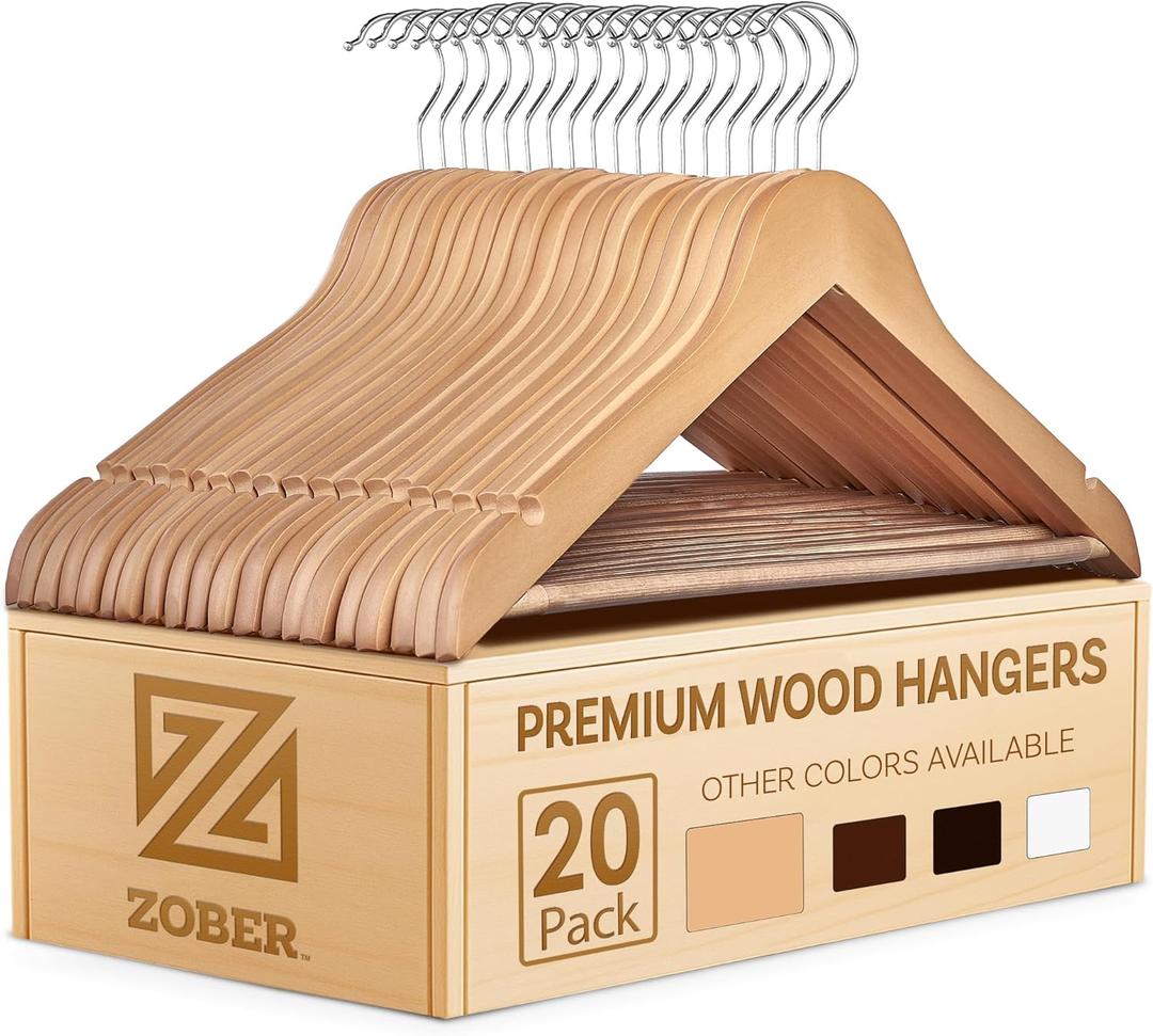 Wooden Hangers - 20 Pack, Heavy Duty, Non Slip Wood Hangers for Coats, Jackets, Suits, & Pants - Clothes Hangers for Closet W/Bar and Notches (Natural)