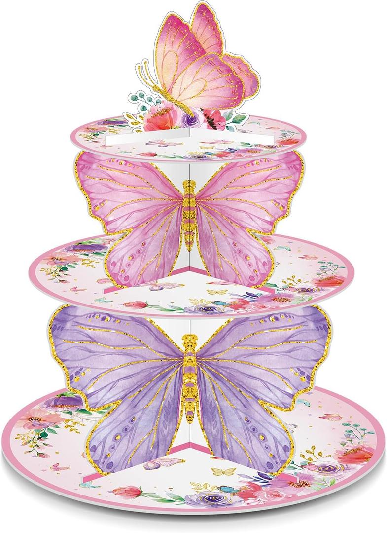 Zopeal 1 Pcs 3 Tier Butterfly Cupcake Stand Butterfly Birthday Decorations Spring Cupcake Stand Holder Pink Purple Dessert Tower for Baby Shower Wedding Birthday Party Supplies Decoration