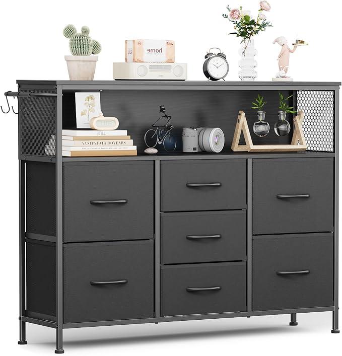 7 Drawers Dresser - Black Dressers with Open Shelf - Small Dresser for Bedroom - Living Room, Entryway, Closets 108X35X15 CM