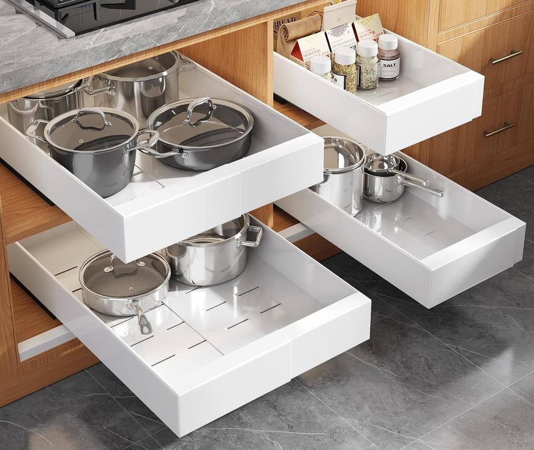 4 Pack Expandable Pull Out Cabinet Organizer 21" Deep With Raising Pad for Framed Cabinets,Upgrade 3 Slide Rails Slide Out Drawers,No Drill Roll Out Shelves,Adjustable Width 9"-14" White