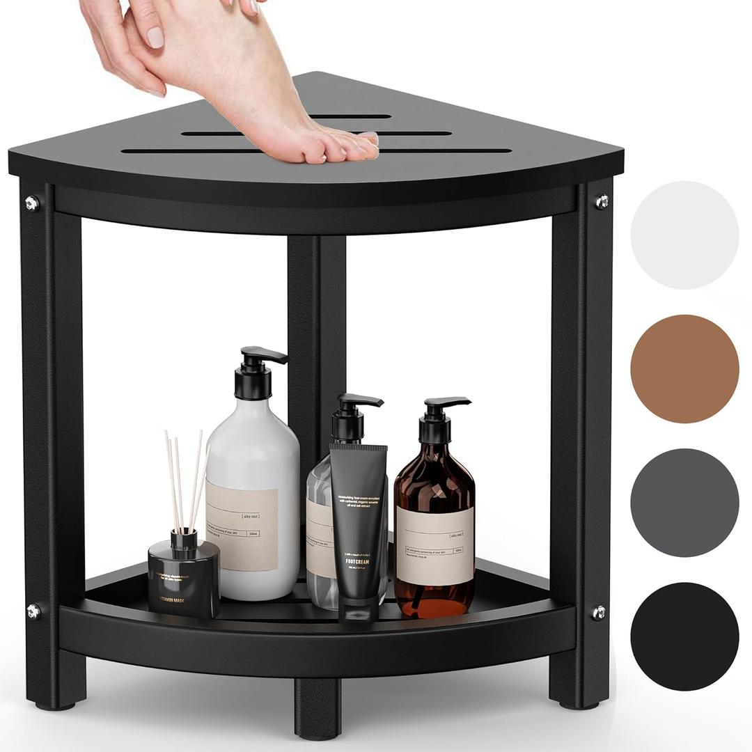 Shower Stool - Corner Bench Seat with HDPE Waterproof Shaving Legs, Baffle Storage Shelf, Indoor/Outdoor Use, Black