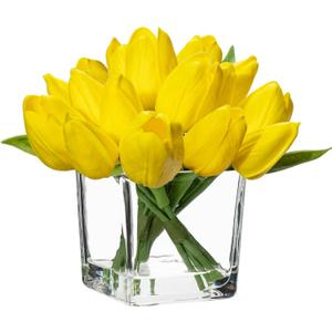 DILATATA Artificial Yellow Tulips in Vase with Faux Water 5.5" Real Touch Flowers Fake Tulips Small Flowers Arrangement in Cube Glass Vase for Mother's Day Table Centerpiece Wedding Home Decor
