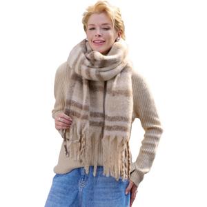 3 x MissShorthair Oversized Chunky Blanket Scarf for Women Winter Warm Colorful Big Scarfs Plaid Thick Scarves Soft Fluffy Shawl (Beige and Brown Plaid)
