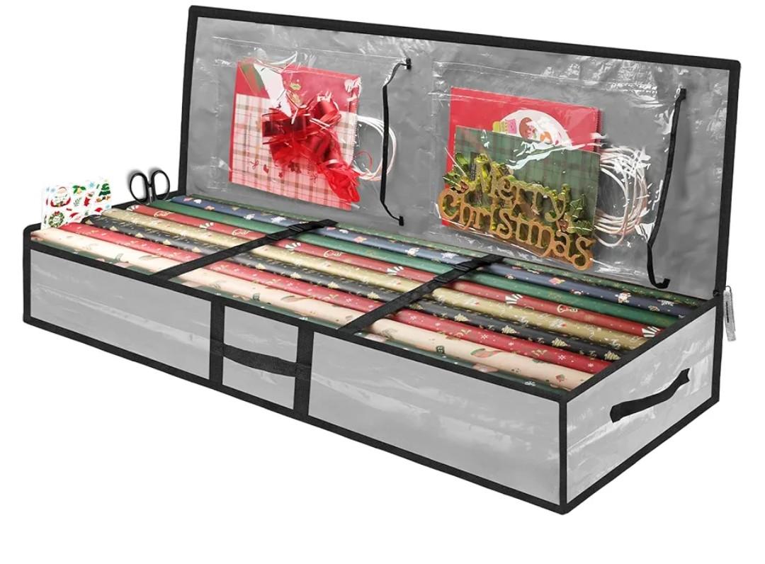 Christmas Gift Wrapping Paper Organizer Storage Bags,Plastic Container for Holiday Supplies & Accessories, Gift Bag Organizer, Under Bed Wrapping Paper Storage (Grey)