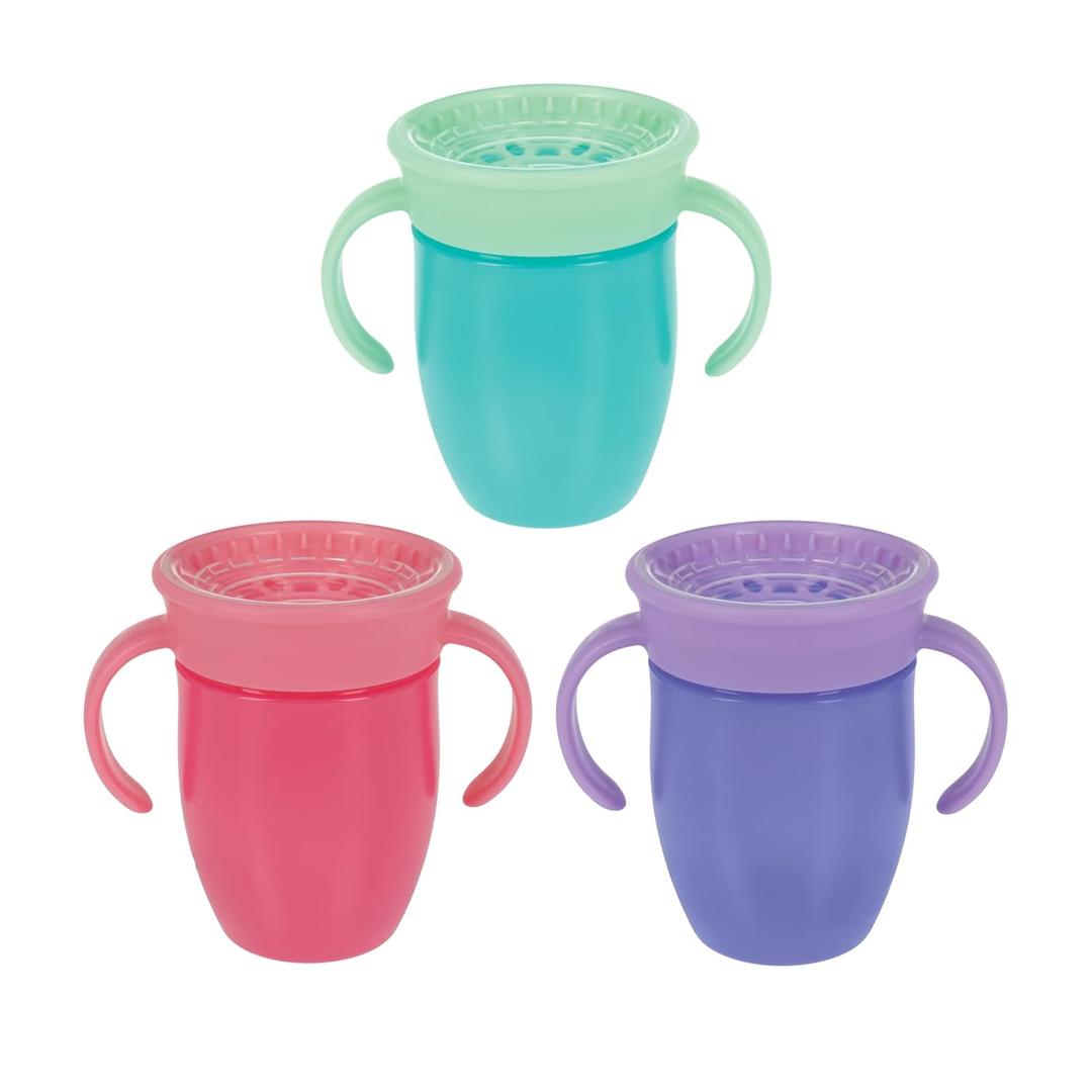 Nuby Wonder Cup - Spill-Proof Toddler Sippy Cups - (3 Pack) 5 oz - Sip from All Sides - Leak Resistant - Spoutless Transition Cup - Aqua/Purple/Pink
