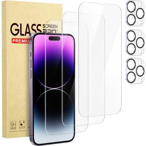 Cutebe 3 Packs Screen Protector for iPhone 14 Pro Max + 3 Packs Camera Lens Protector with Tempered Glass, Touch Sensitive and Case Friendly