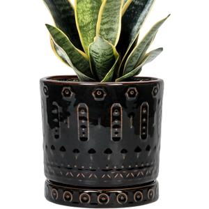 Ceramic Plant Pots - 6 Inch Ceramic Planter for Indoor Outdoor, Round Flower Pots with Drainage Hole and Plant Saucer, Boho Decorative Small Planter, House Decor, Gifts for Gardeners, Black