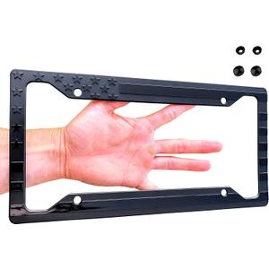 TACTILIAN American Flag License Plate Frame - Subdued 3D Embossed USA Flag in Black Gloss on Matte Finish for Car, Truck or SUV (Gloss on Matte Black)