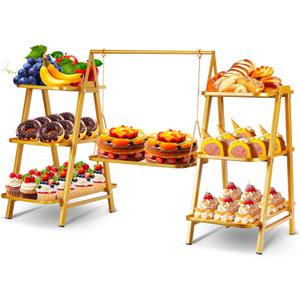 Metal 3 Tier Cupcake Stands, Large Capacity Serving Removable Tray Dessert Stands with Swing Design and Anti-slip Base, Food Display for Parties and Events, Wedding, 32.28*15.55*20.47Inch (Gold)