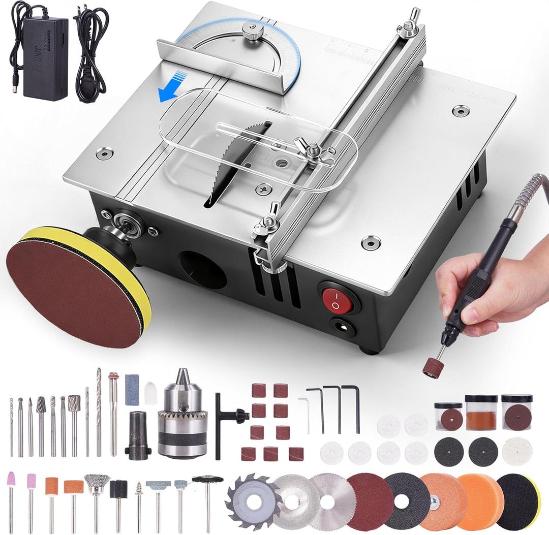 Mini Table Saw for Crafts, Dual Motors & Switches, 7 Levels & Height Adjustable Table Saw with 135PCS Accessories for Men and Women's Cutting, Grinding, Engraving and Drilling