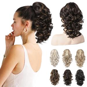 REECHO 12" Ponytail Extension, Classic Loose Curly Wavy Claw Clip Pony tails Hair Extensions Hairpieces for Women (Dark Brown with Highlights)