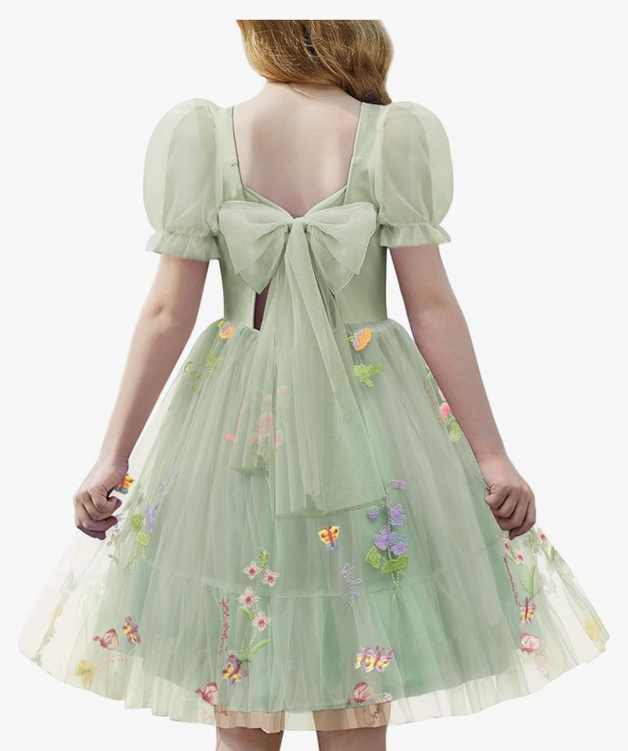Arshiner Girls Dresses Tulle Bow Tie Back Puff Sleeve Party Holiday Spring Summer Dress for 6-16 Size14