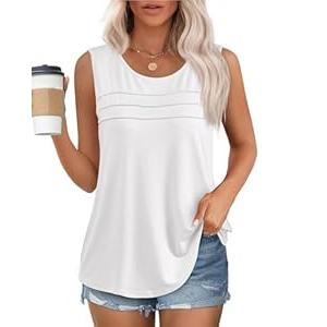 Sleeveless White Tops for Women Work Business Scooped Neck Pleated Blouse Trendy 2025 Sleeveless Loose Fit Plus Size Dressy Casual Spring Chic Stretchy Shirt White, 2XL