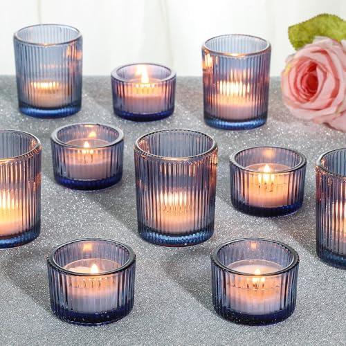 SUPMIND 24 Pcs Ribbed Votive Candle Holders, Dark Blue Glass Candle Holder Bulk for Table Centerpiece, Tealight Candle Holders Glass for Wedding Shower, Party and Home Decor