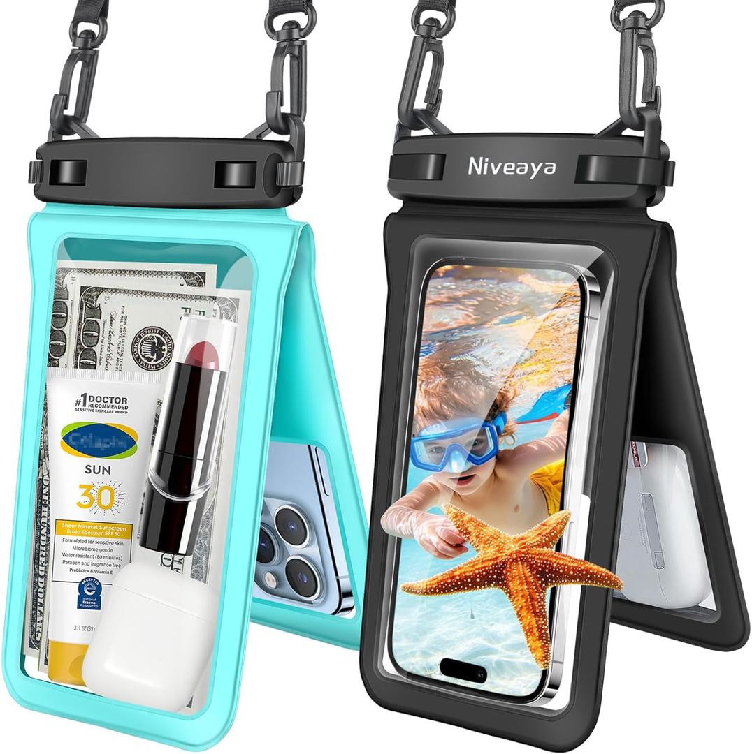 Niveaya Double Space Waterproof Phone Pouch - 2 Pack, Waterproof Phone Lanyard Case with iPhone 17/16/15/14/13 Pro Max up to 8.3", Phone Dry Bags for Vacation Beach Pool Kayak Cruise Travel Essentials (Black+ Teal)