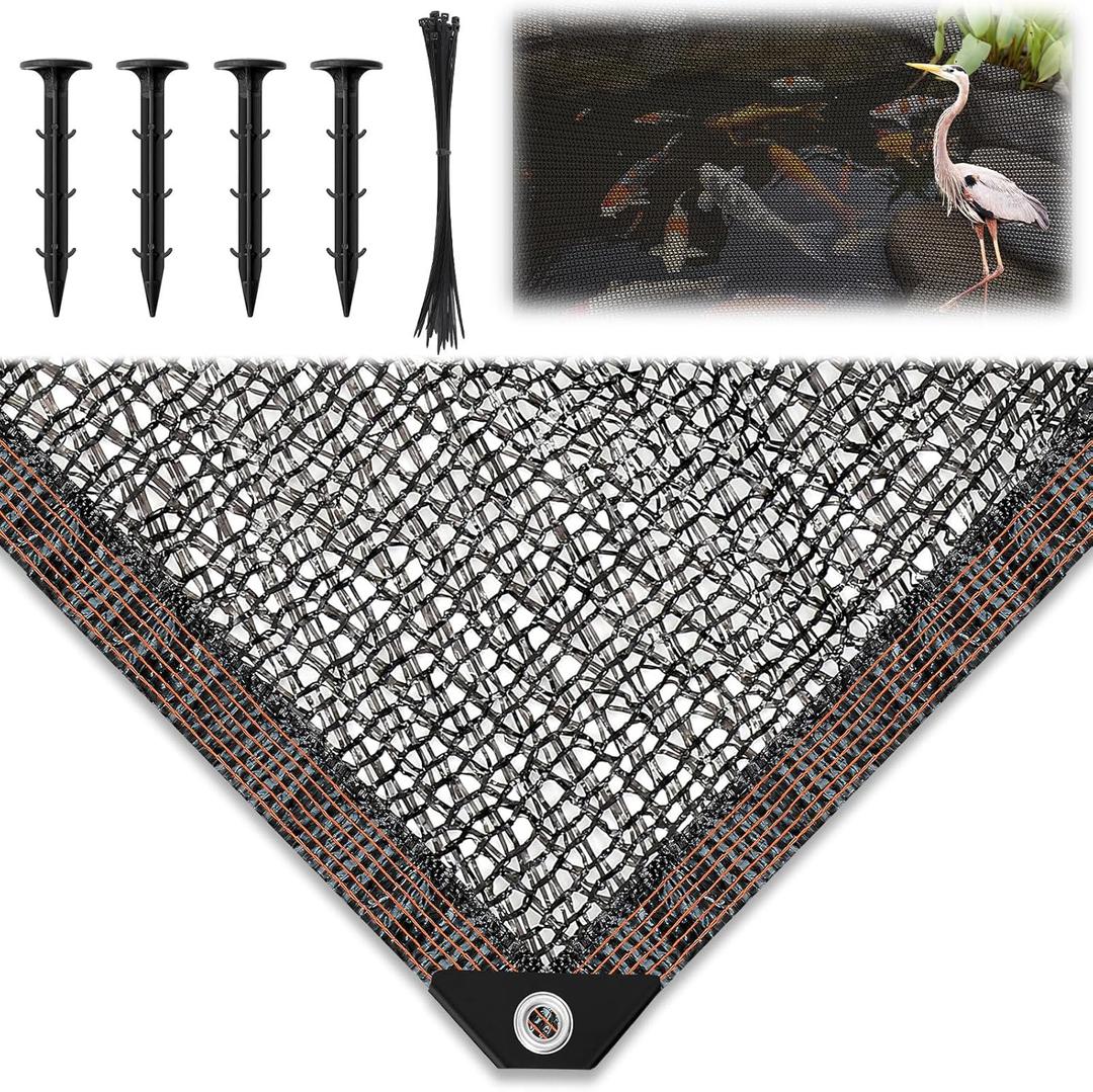 Yoojahow Koi Pond Netting Kit 12 x 30ft, Heavy-Duty Pe, Bird Deer Fence Netting, Durable Net Cover for Leaves, Protect Fish from Blue Heron Bird, Cats & Predators, Stakes & Ties Included, No Cover, Incomplete