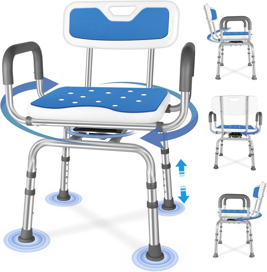 Swivel Shower Chair Height Adjustable Swivel Shower Chair for Inside Shower,Rotating Shower Chair with Arms and Back for Elderly and Disabled,Supports up to 400LBS