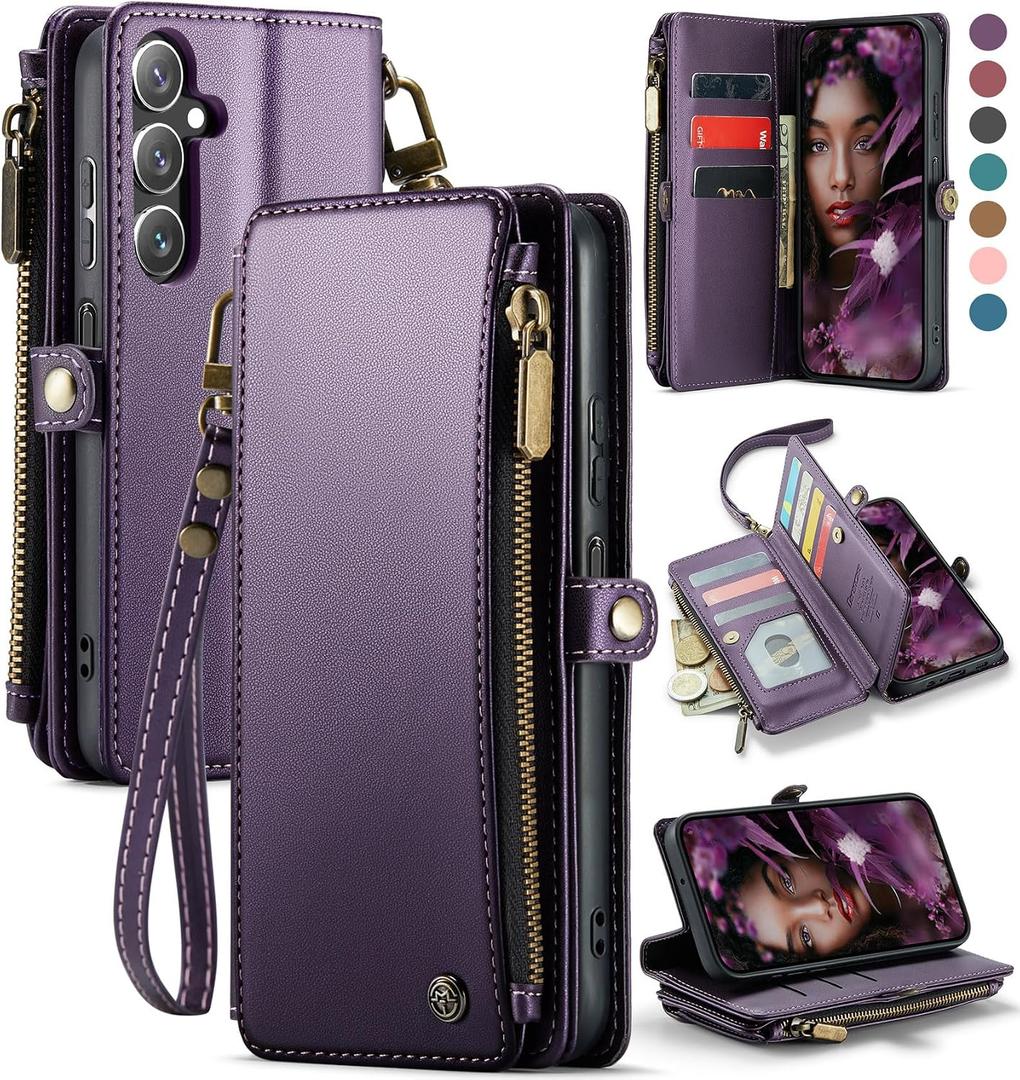 Defencase Compatible with Galaxy A16 5G Case Wallet with RFID Blocking Card Holder for Women and Men, PU Leather Magnetic Snap Flip Zipper Strap Wallet Phone Case for Samsung Galaxy A16/ 5G, Purple