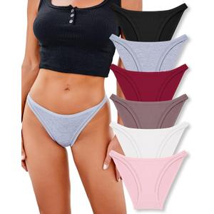 FINETOO 6 Pack String Underwear for Women Cotton High Cut Stretch Breathable Low Rise Hipster Cheeky Bikini Panties, Size S-XL  6 Pack (Black+White+Gray+Wine Red+Pink+Dark Purple)