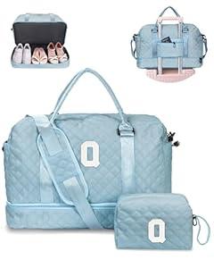 Personalized Girls Duffle Bag with Shoe Compartment, Personalized Weekender Overnight Bag, Monogram Letter Travel Bag with Makeup Bag, Birthday Gift For Women Girl