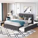 Bellemave Queen Size Platform Bed, Linen Fabric Upholstered Platform Bed Frame with 2 Storage Drawers and 1 Twin XL Trundle, for Kids/Teen/Adults, Wooden Slats Support (Dark Gray, Linen)