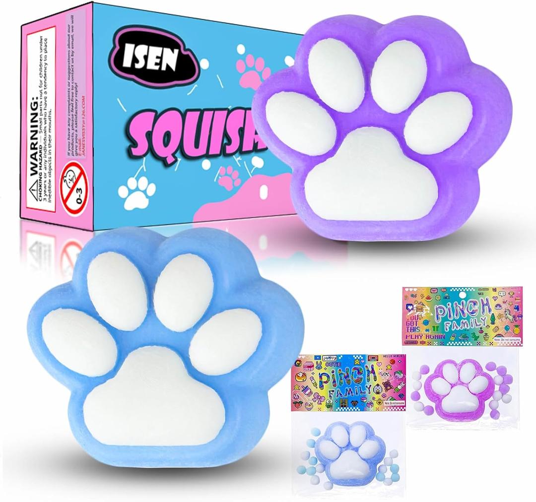 4 x 3.15in Cat Paws Squishies Toys for Stress Relief,Stick Squishy,Kawaii Mochi Squishy Sensory Toys(2Pcs-Blue+Purple)