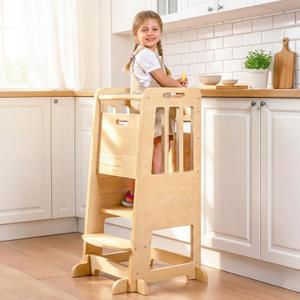 WINGYZ Toddler Tower - Anti-Tip Natural Wood Learning Stool Helper for Kids 18M-6Y, 150lb Capacity Kitchen Stool with 3-Height Adjustable Platform and Sliding Door Access, 20lb Portable Design, Wood