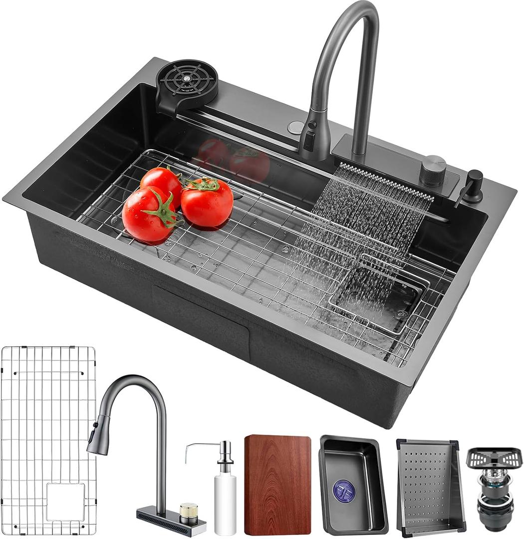 Waterfall kitchen sink 26X20" black Undermount Kitchen Sink with Pull-Out Faucet Stainless Steel Drop In Kitchen Sink Single Bowl with Accessories