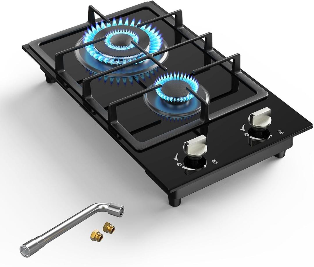 Gas Stove 2 Burner Propane Cooktop 12 inch, Nafewin Tempered Glass Portable Gas Cooktop Stove Burner with Thermocouple Protection, Lpg/Ng Dual Fuel Built-in Hob for Apartments, Outdoor, Rvs, 12 Inch Gas Cooktop-Black