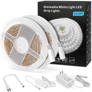 MYPLUS 50FT White LED Strip Lights, Dimmable LED Tape Light 6500K Bright Daylight White, Flexible Under Cabinet Lights with 900 LEDs and UL Listed Safety Power Supply for Room,Kitchen and dcor (Cold White/6000K)