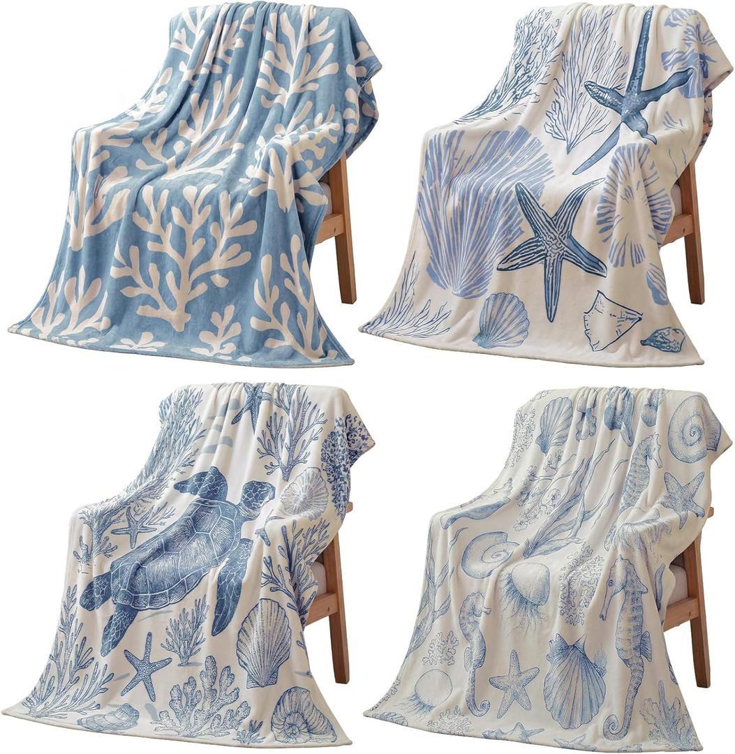 Frienda 4 Pcs Nautical Coastal Throw Blanket Beach Soft Lightweight Fleece Ocean Themed Starfish Seashell Coral Sea Turtle Seahorse Pattern Cozy Flannel Blanket Gift Sofa Couch Bed Room Decor 50x60 (Blue, White, and Gray Tones)