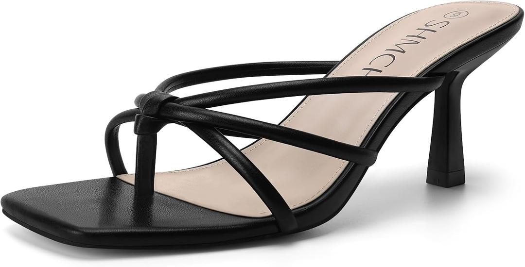 Womens Kitten Heel Sandals, Square Toe Strappy Thong Slip On Heels, Mule Heels Open Toe Dressy Summer Sandals (Black) SIze 10