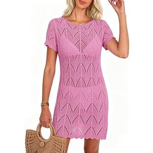 Falechay Womens Cover Ups Crochet Beach Bikini Cover Up Short Sleeve Knit Mesh See Through Swimsuit Coverup Cutout Loose Fit Summer Resort Vacation Outfits Pink S