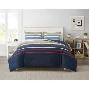 Nautica - Queen Comforter Set, Cotton Bedding with Matching Shams, Striped Home Decor (Bradford Navy/Beige, Queen)