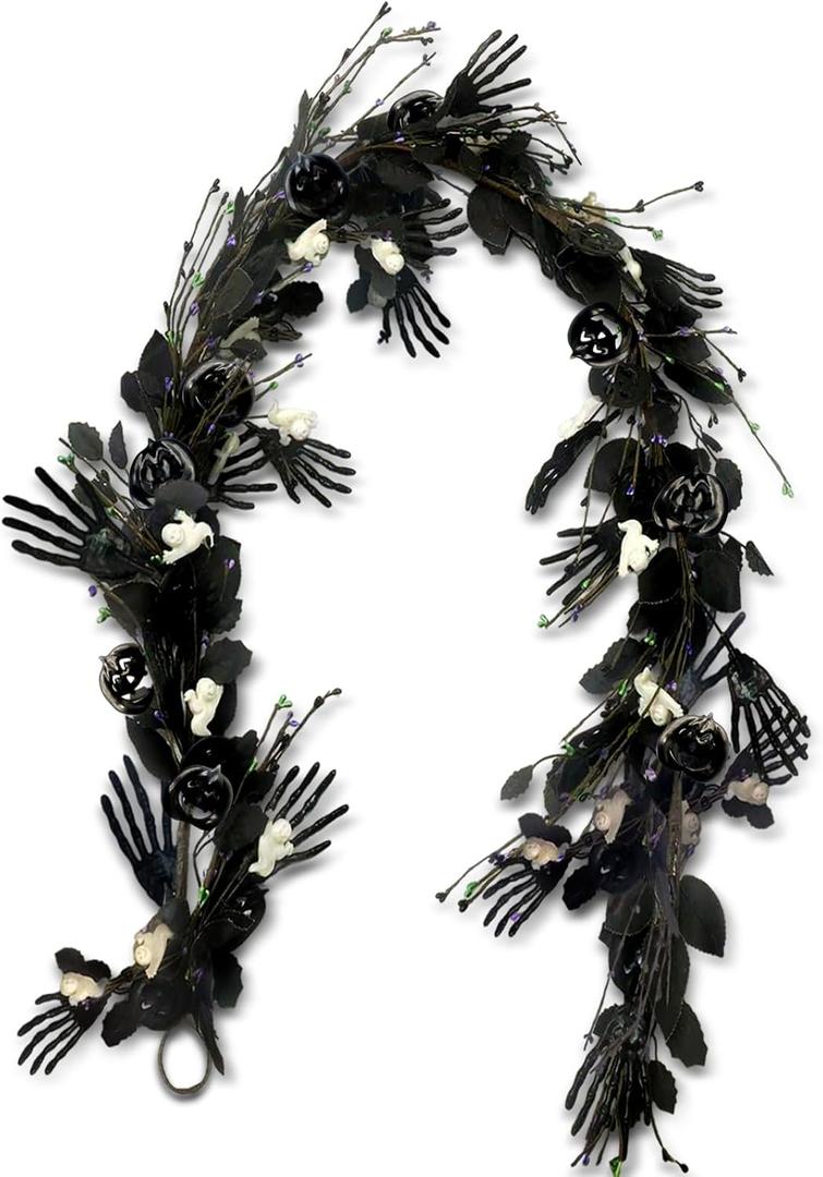Halloween Black Floral Ghost Picks Garland with Maple Leaf Vines Hanging for Table Room Party Office Indoor Outdoor Backdrop Wall Decor 70.87 Inch