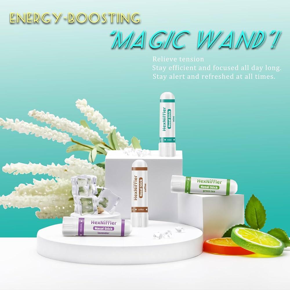 HexNiffler Nasal Stick, Essential Oil Vapor Inhaler, Natural Ingredients, Breathe Freely，Boosts Mood, On-The-Go Portable Nasal Inhaler for Adults, 4Pack(Mint, Lavender, Green Tea,Coffee) (Green Tea)