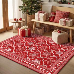 Yamaziot Christmas Area Rug 3x5 Bedroom Snowflake Washable Rug Indoor Mat Modern Xmas Red Geometric Accent Rug Soft Floor Cover Thin Carpet Non Slip for Kitchen Dining Room Living Room