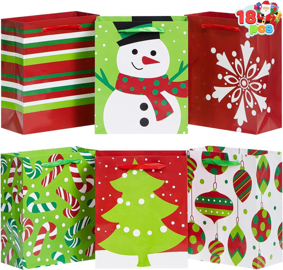 JOYIN 18 PCS Christmas Paper Bags for Present, Xmas Gift Wrap Bags with Handles for Wrapping Xmas Holiday Presents, Thanksgiving Gift Decor, Classroom and Party Favors (9"x 3.5"x 7.3")