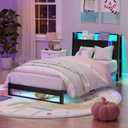 Twin Size Bed Frame with Ergonomic Storage Headboard,Low Platform Bed Frame Twin with Charging Station and LED,Heavy Duty Metal Base Floor Bed,No Box Spring Needed,Easy Assembly,Black