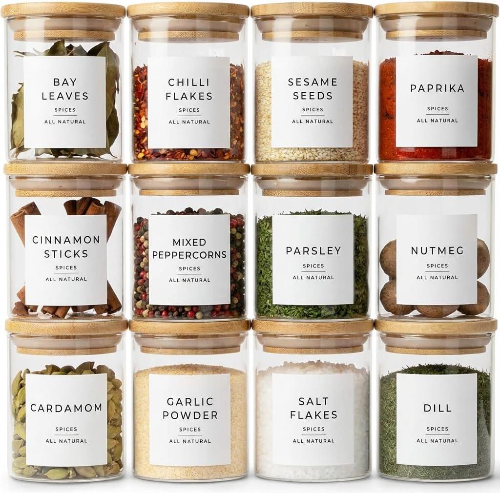 Glass Spice Jars with Labels-12 Pack- 6.8oz- 360 Labels- Spice Containers with Bamboo Lids -Spices Organization for Cabinet-Drawer-Rack-Seasoning containers-herbs- Organizer-Spices Bottles