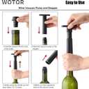 WOTOR Wine Saver Vacuum Pump with 4 Stoppers, Wine Stopper & Preserver, Reusable Bottle Sealer Keeps Fresh, Ideal Accessories Gift (Flat Handle) (Black)