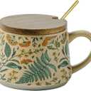 13oz Cute Ceramic Coffee Mugs, Individually Handmade Floral Pottery Cup, Microwave Safe Vintage Drinkware Gifts for Women (Summers Whisper with Lid and Spoon)