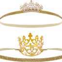 Golden Crystal Crown Headband for Little Girls - Baby Tiara, Princess Tiara, Birthday Crown - Elastic Hair Band for Photography, Parties & Gifts