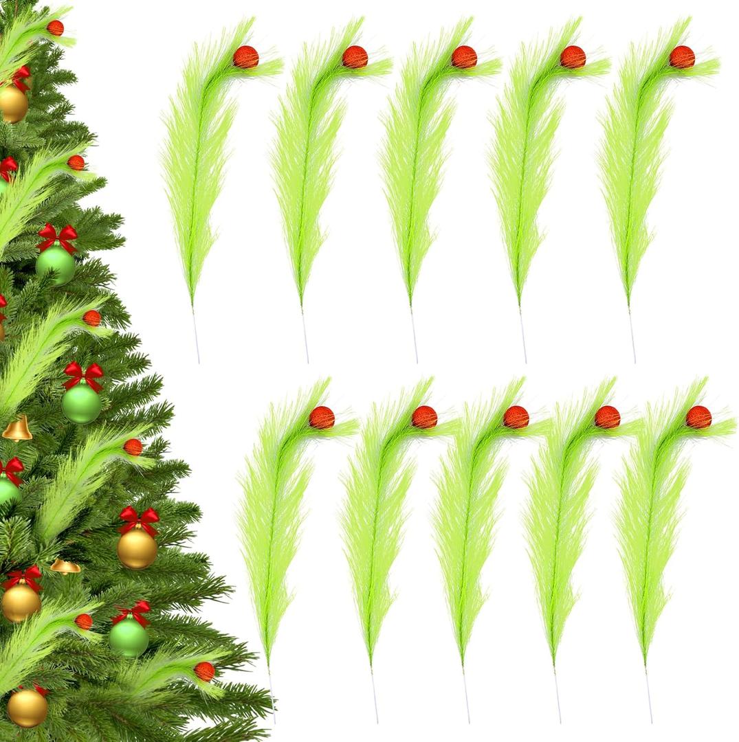 10 Pcs Christmas Green Curly Stems,Christmas Tree Topper Decro,Artificial Green Stems with Glitter Red Ball for Christmas Tree Topper Faux Pampas Grass Decro for Home Table Wreath Xmas Party