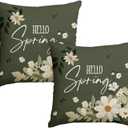 AVOIN colorlife Hello Spring White Daisy Throw Pillow Covers, 18 x 18 Inch Dark Green Eucalyptus Leaves Cushion Case Decoration for Sofa Couch Set of 2