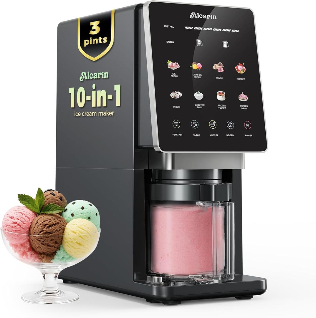 Alcarin Electric Ice Cream Maker Machine for Homemade, Frozen Treat, Gelato, Yogurt, Sorbet, Mix-in & More, 10 One-Touch Programs with 3 Pints, Keto, Vegan, Dairy-Free Options